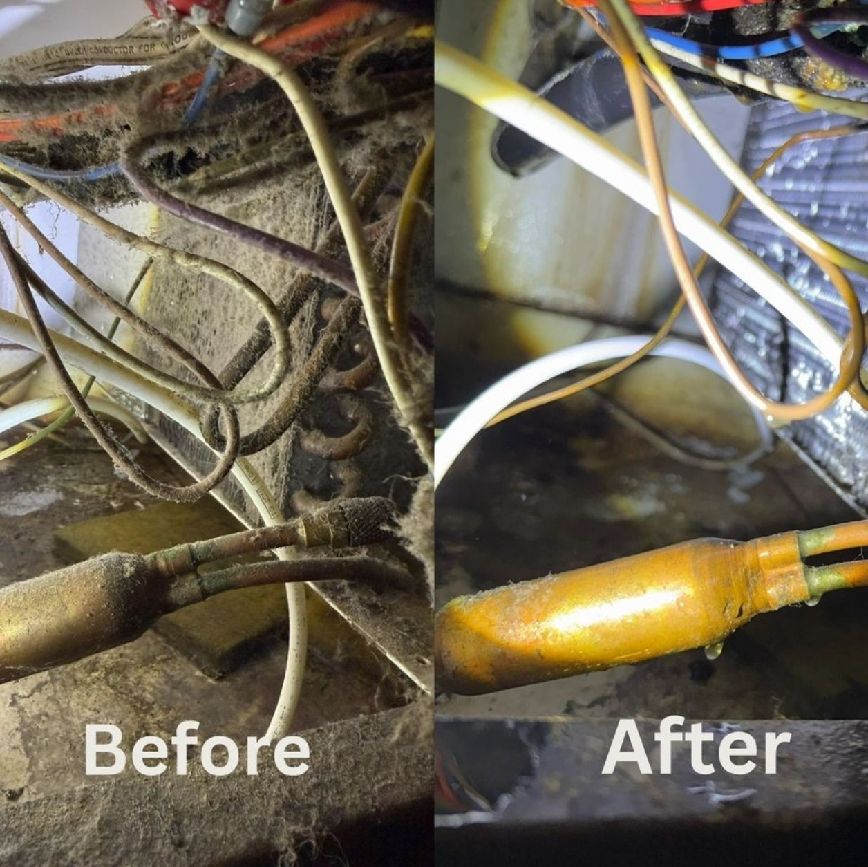 Before and after: dust-covered AC condenser interior cleaned