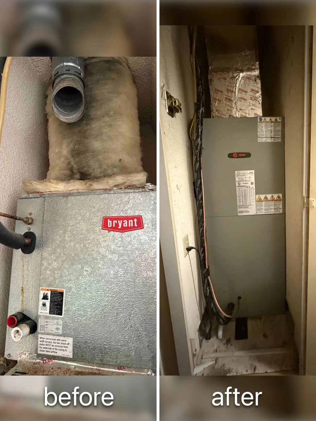 Before and after: old Bryant air handler replaced with new Trane unit in clean closet