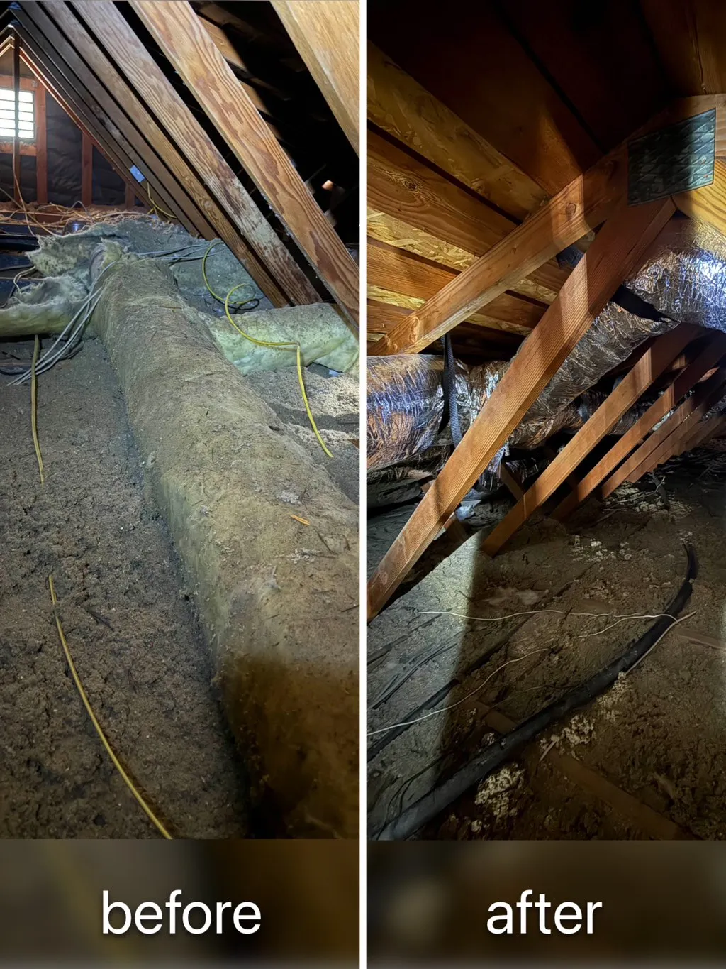 Before and after: old buried attic ductwork replaced with new flex duct