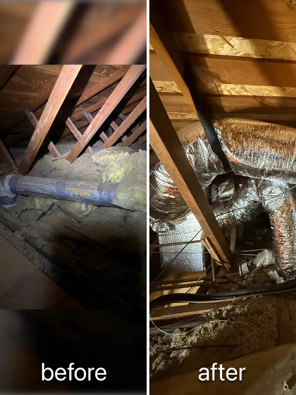 Before and after: old taped duct in attic replaced with neat flex duct routing