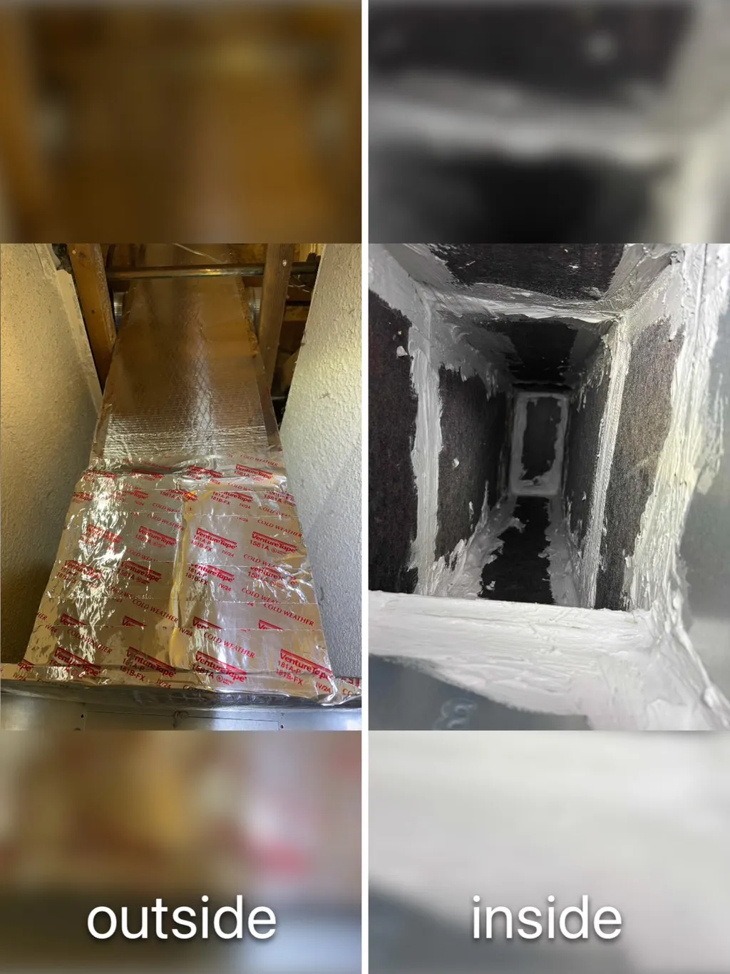 Outside and inside views of professionally sealed HVAC ductwork
