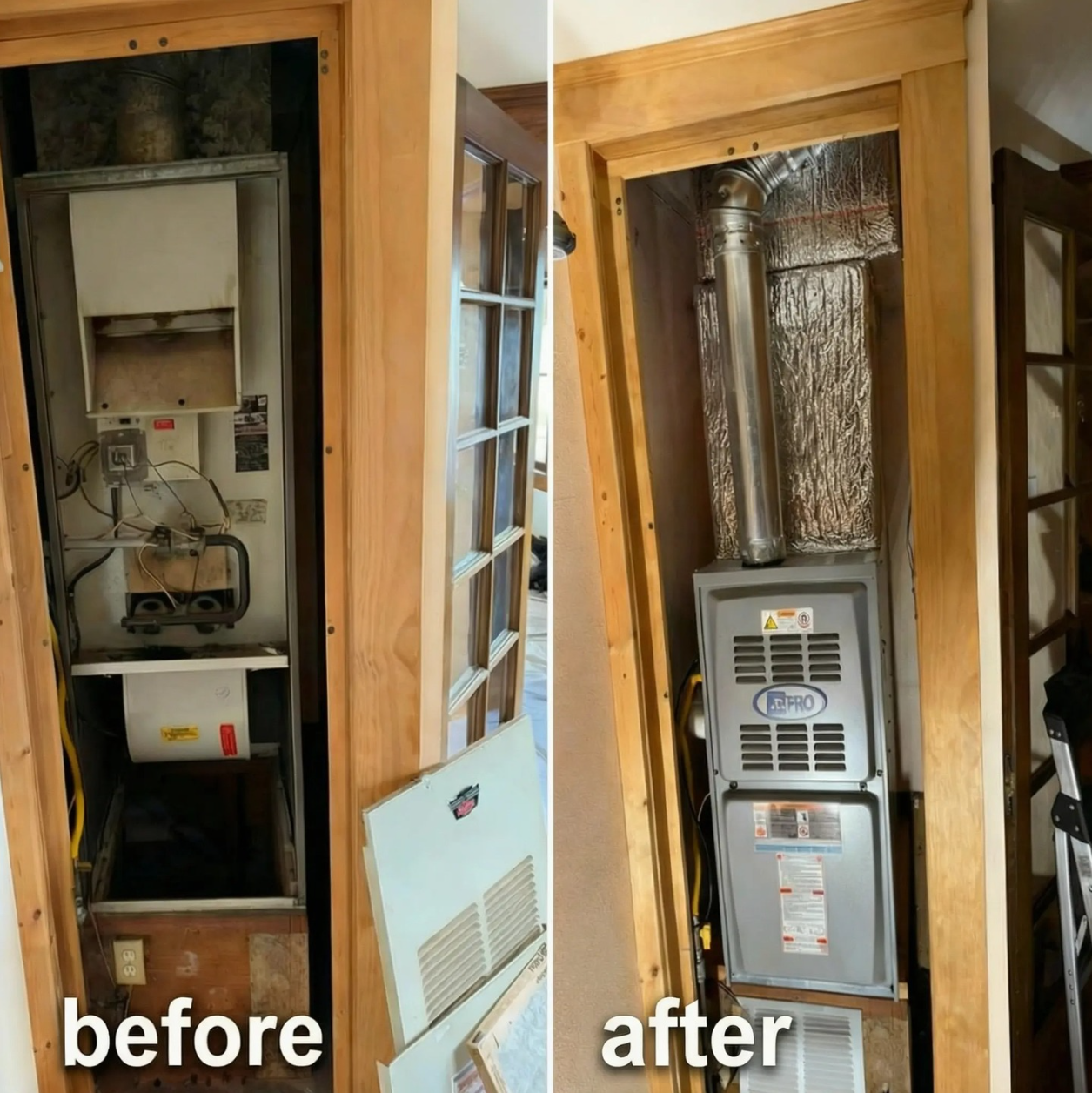Before and after: old broken furnace replaced with new gas furnace