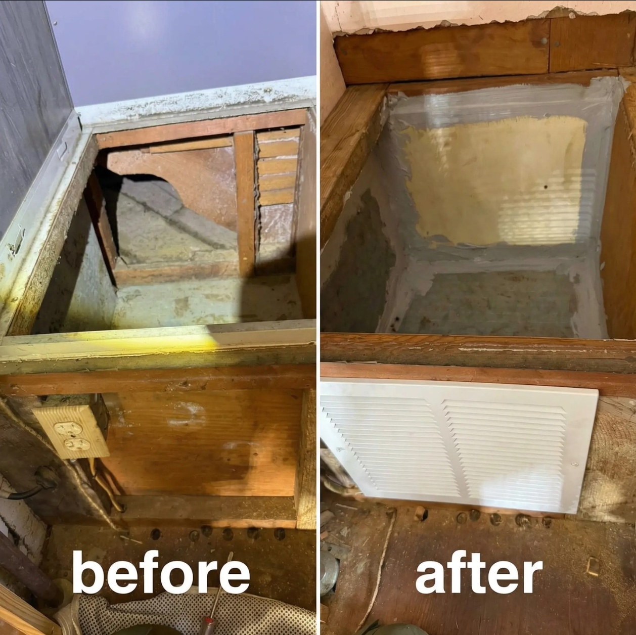 Before and after: damaged wall opening repaired and new return air vent installed