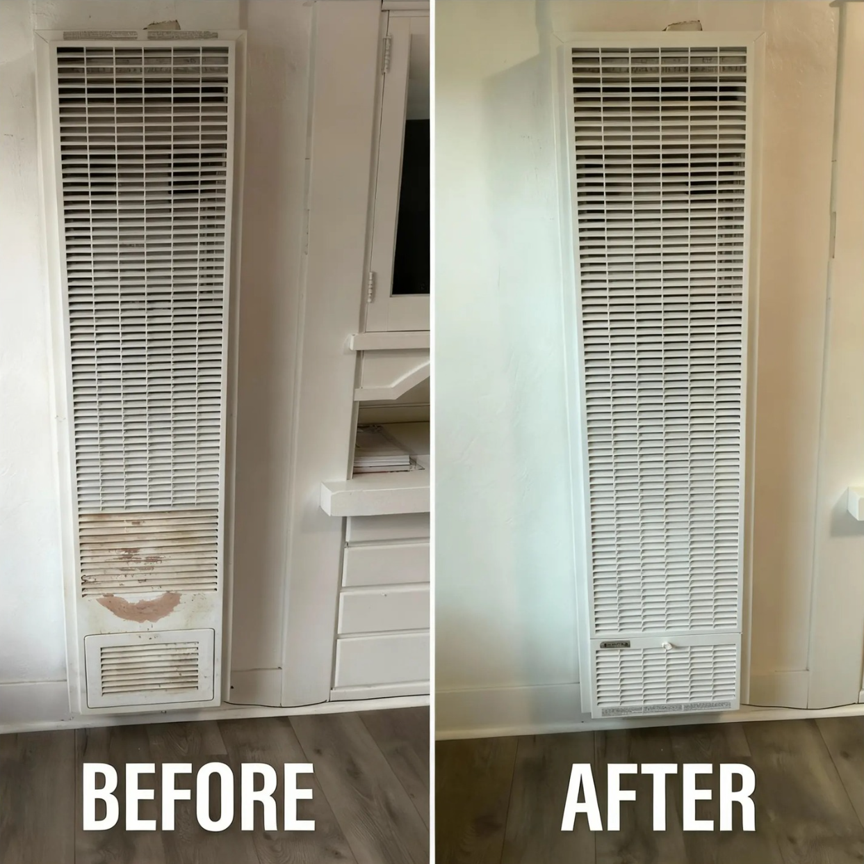 Before and after: stained wall heater grille cleaned and restored to white